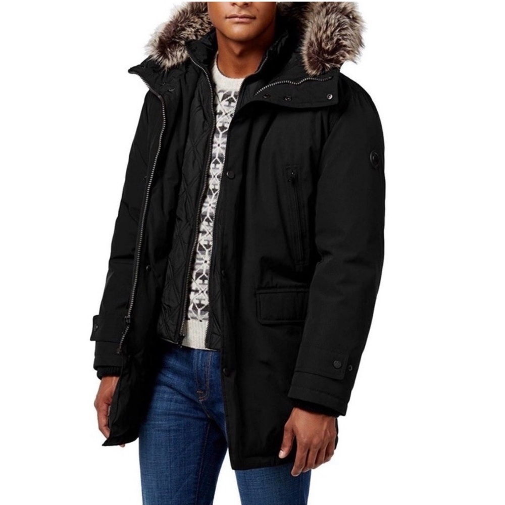Michael Kors Black Parka Jacket Faux Fur Hood Large L Bib Snorkel